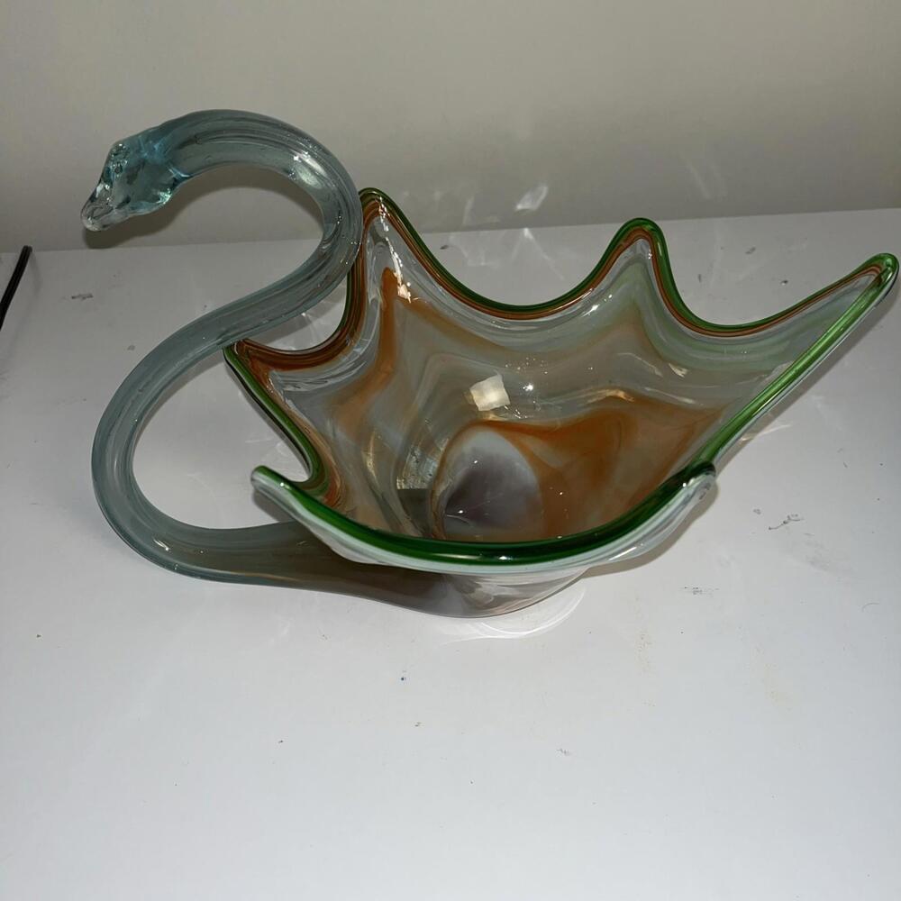 Large Vintage Orange Green Swirl Murano Style Hand Blown Art Glass Swan Bowl